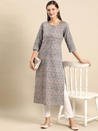 Women's Grey Ethnic Printed Straight Kurta With Three Quarter Sleeves