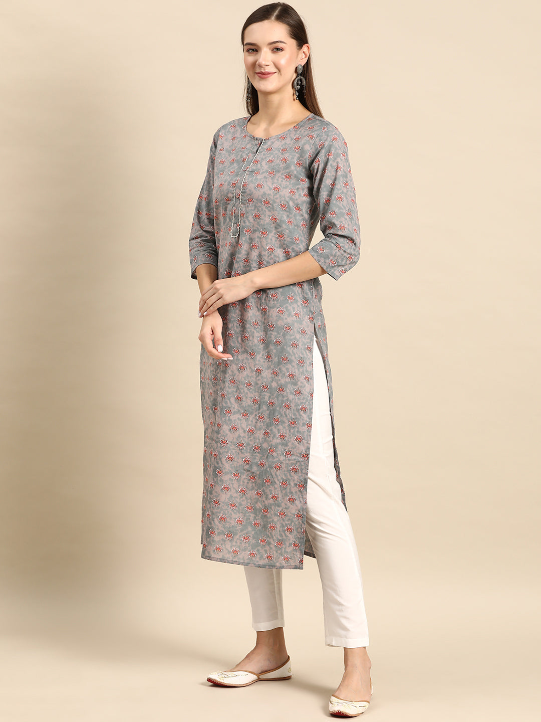 Women's Grey Ethnic Printed Straight Kurta With Three Quarter Sleeves