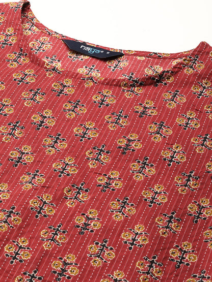 Women's Maroon Printed Straight Kurta With Three Quarter Sleeves