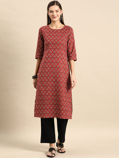 Women's Maroon Printed Straight Kurta With Three Quarter Sleeves