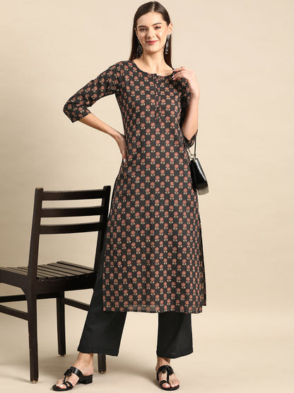 Women's Black Printed straight Kurta With three qurter sleeves