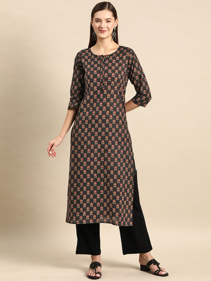 Women's Black Printed straight Kurta With three qurter sleeves