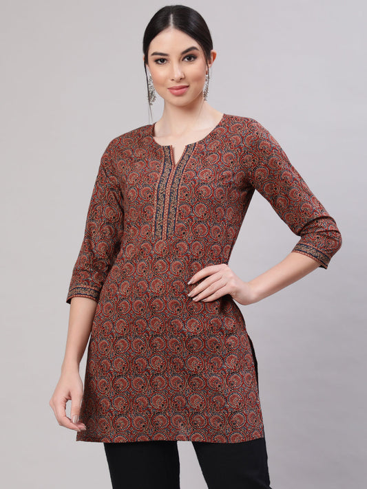 Women's Multi Color Printed Straight Tunic With Three Quarter Sleeves