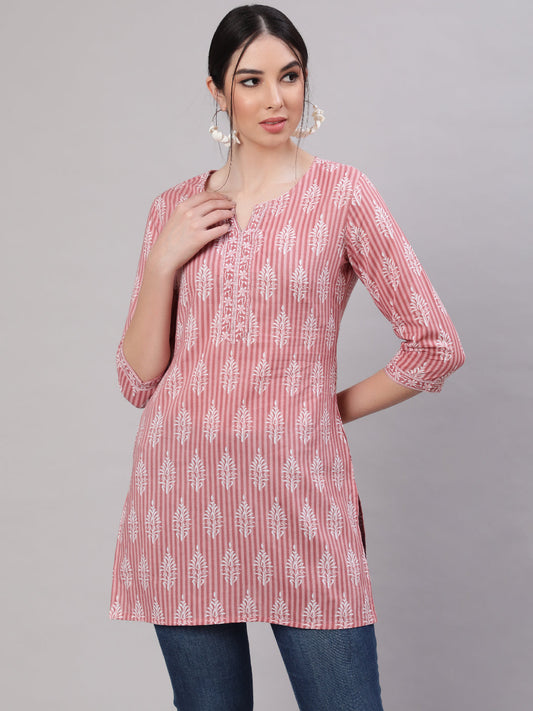 Women's Pink Straight Tunic With Three Quaretr Sleeves