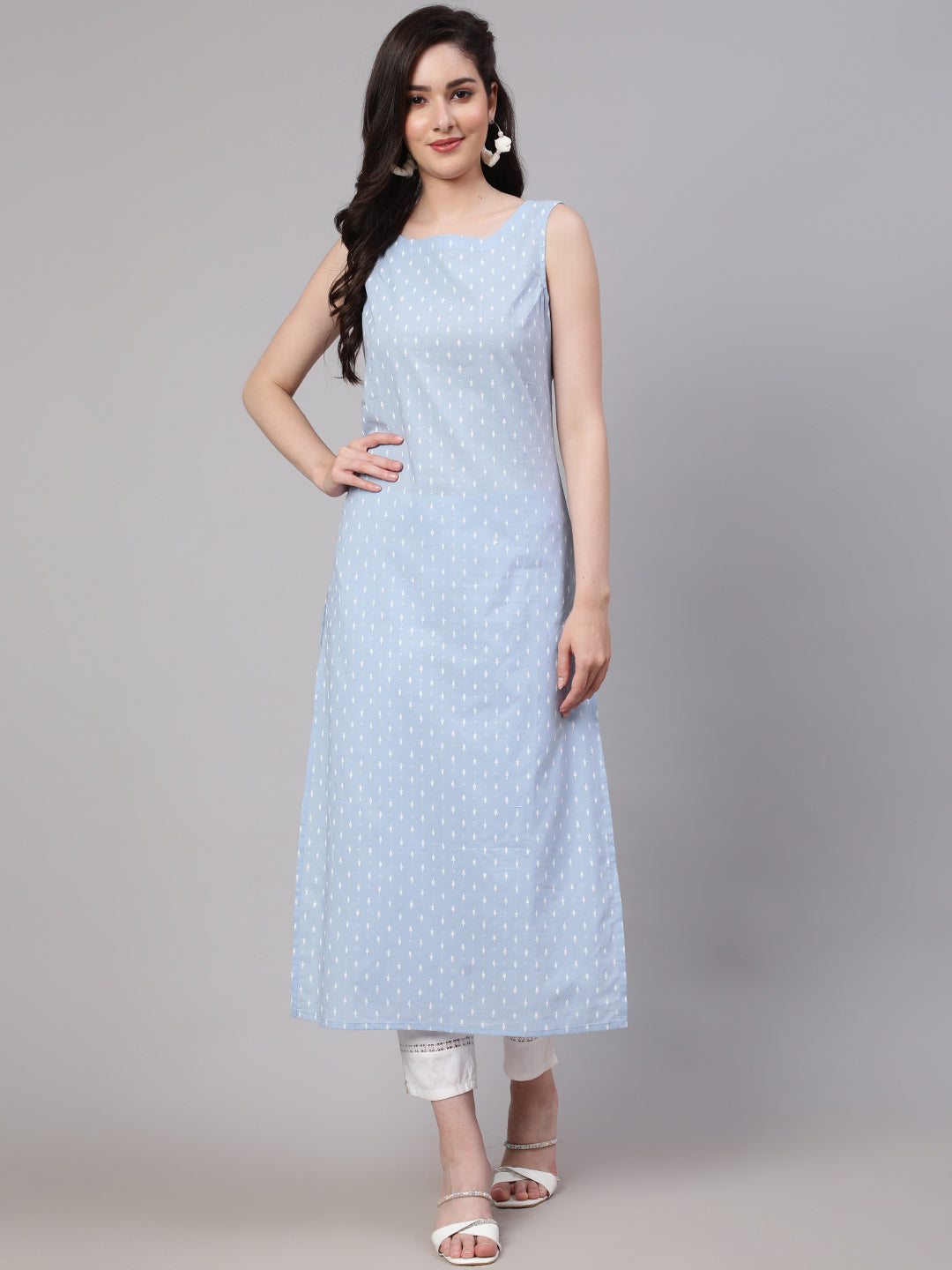 Women's Blue Ethnic Printed Straight Sleevless Kurta
