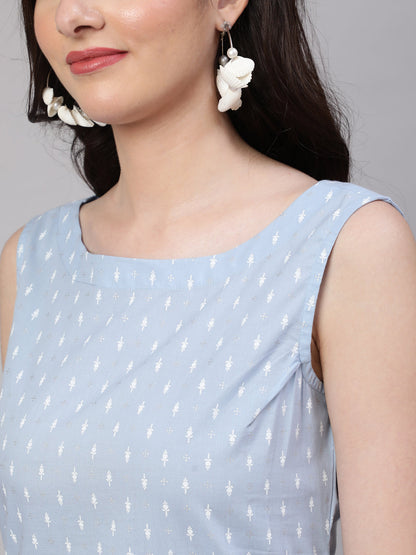 Women's Blue Ethnic Printed Straight Sleevless Kurta