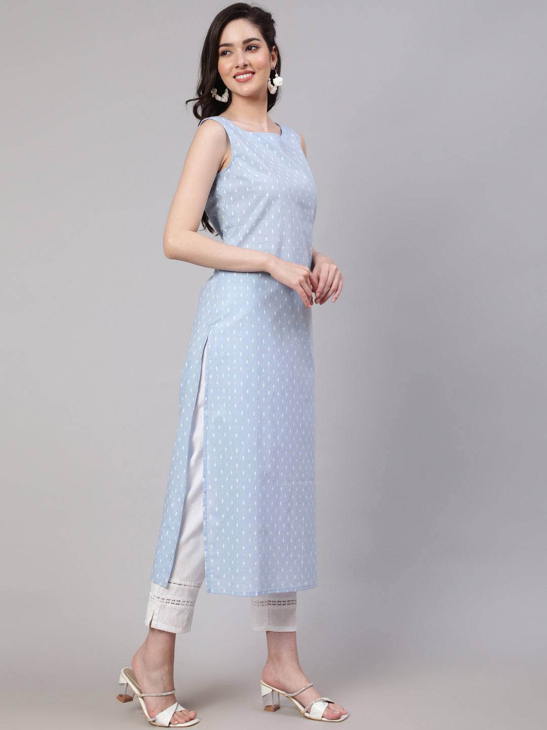Women's Blue Ethnic Printed Straight Sleevless Kurta