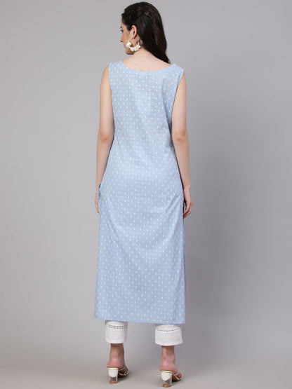 Women's Blue Ethnic Printed Straight Sleevless Kurta