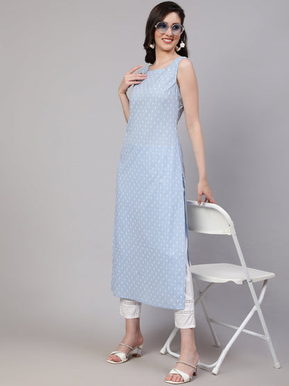 Women's Blue Ethnic Printed Straight Sleevless Kurta