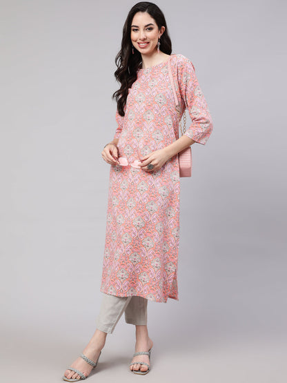 Women's Pink Printed straight kurta with three quarter sleeves