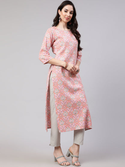 Women's Pink Printed straight kurta with three quarter sleeves