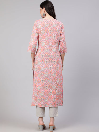 Women's Pink Printed straight kurta with three quarter sleeves