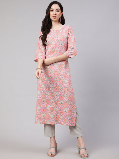 Women's Pink Printed straight kurta with three quarter sleeves