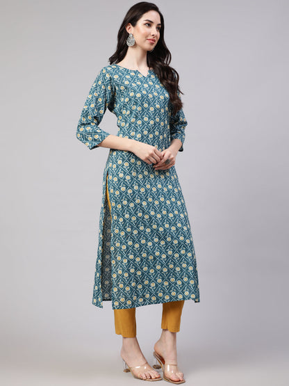 Women's Green Ethnic Printed Straight Kurta With Three Quarter Sleeves
