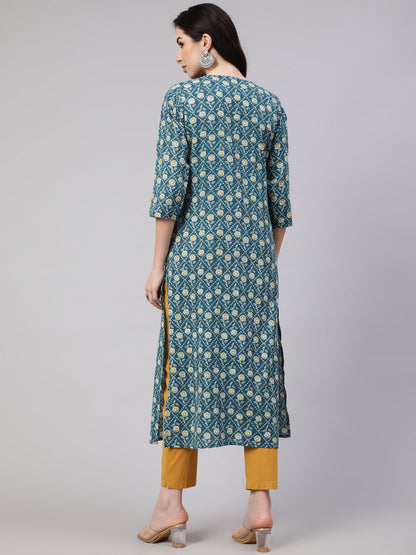 Women's Green Ethnic Printed Straight Kurta With Three Quarter Sleeves