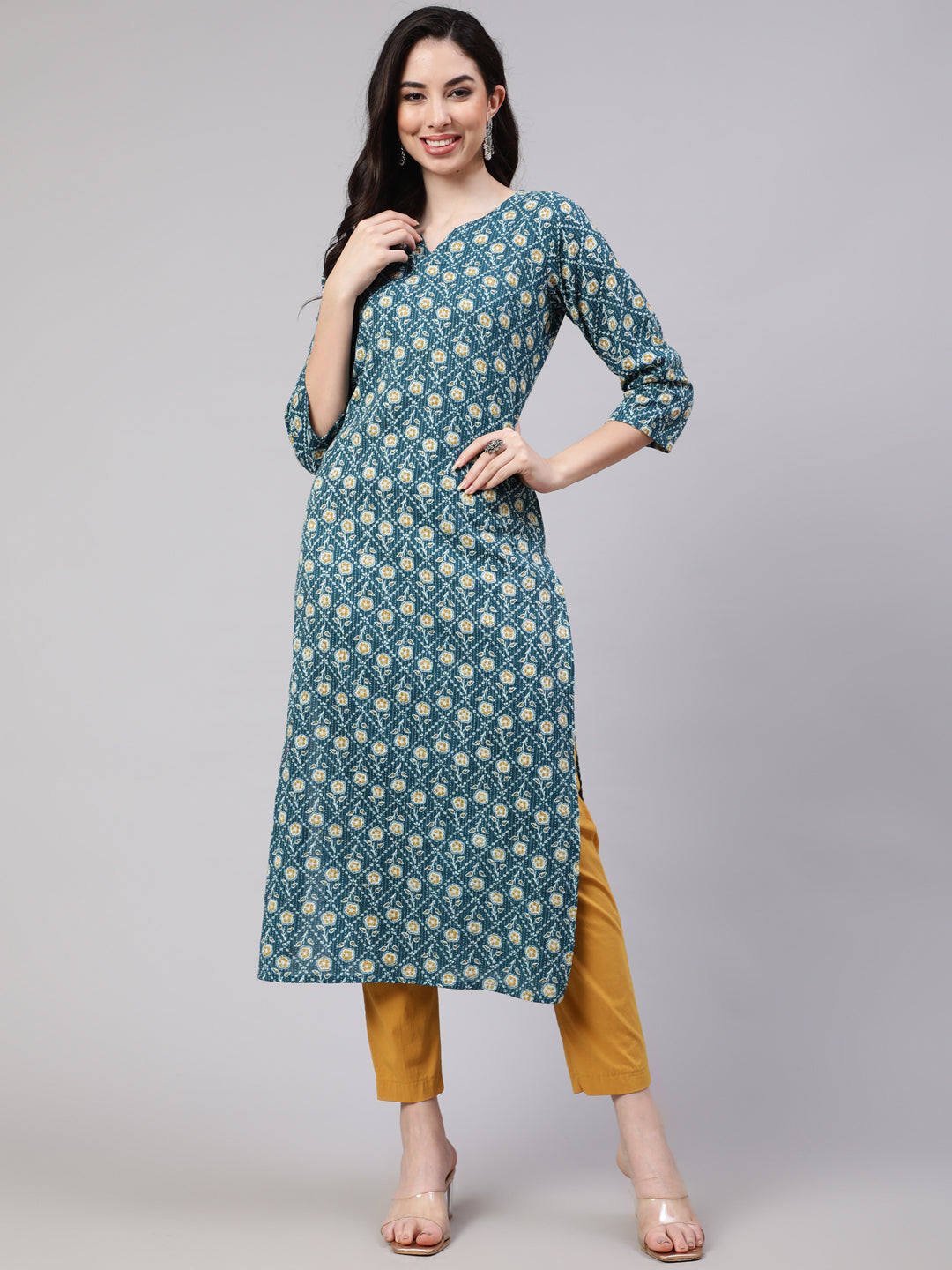 Women's Green Ethnic Printed Straight Kurta With Three Quarter Sleeves