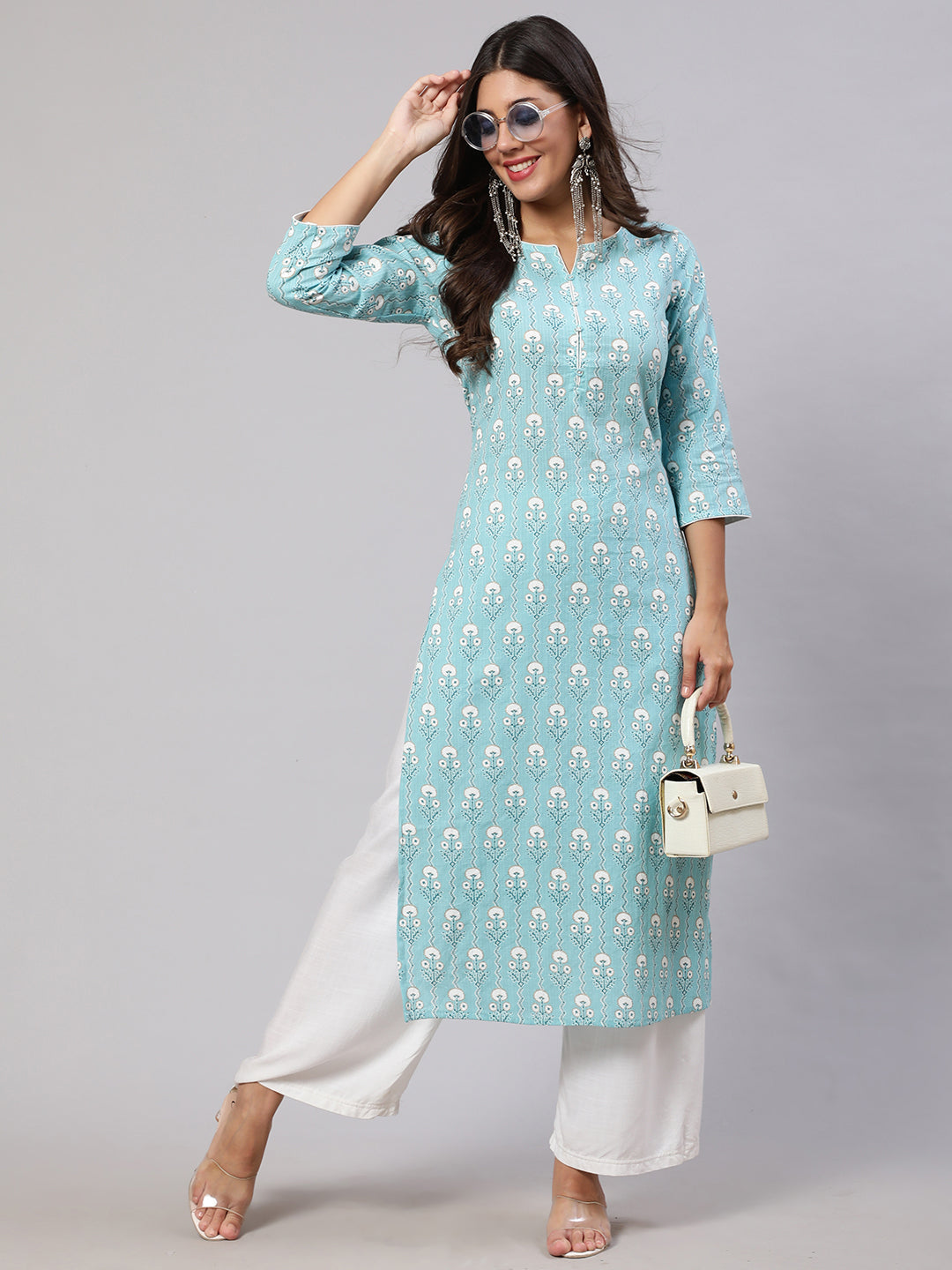 Women's Blue Ethnic Printed Straight Kurta with Three Quarter Sleeves