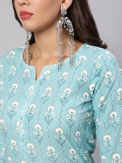 Women's Blue Ethnic Printed Straight Kurta with Three Quarter Sleeves