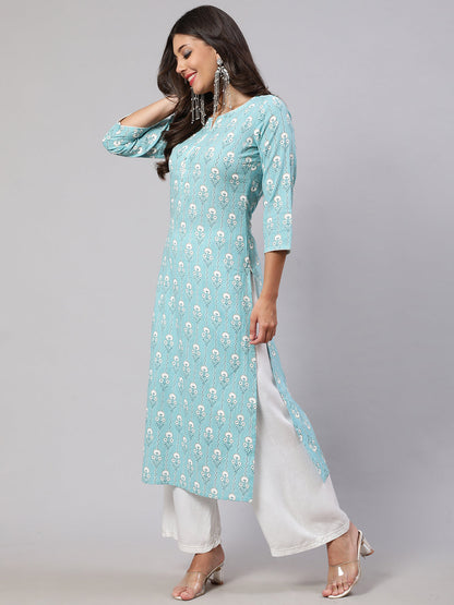 Women's Blue Ethnic Printed Straight Kurta with Three Quarter Sleeves