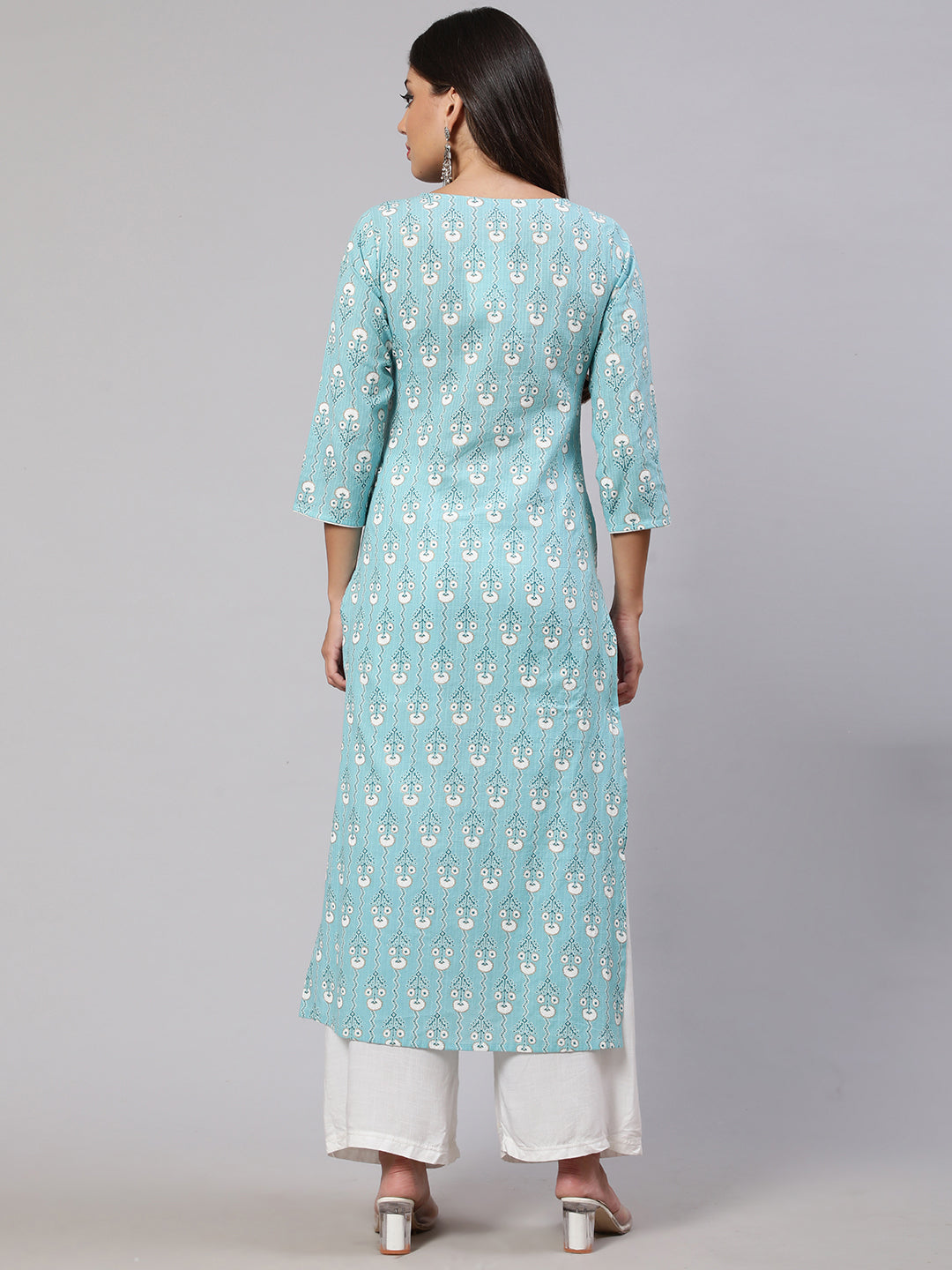 Women's Blue Ethnic Printed Straight Kurta with Three Quarter Sleeves
