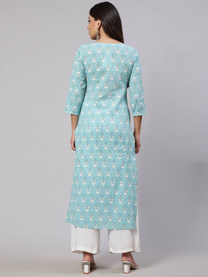 Women's Blue Ethnic Printed Straight Kurta with Three Quarter Sleeves