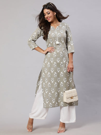 Women's Grey Ethnic Printed Straight Kurta With Three Quarter Sleeves