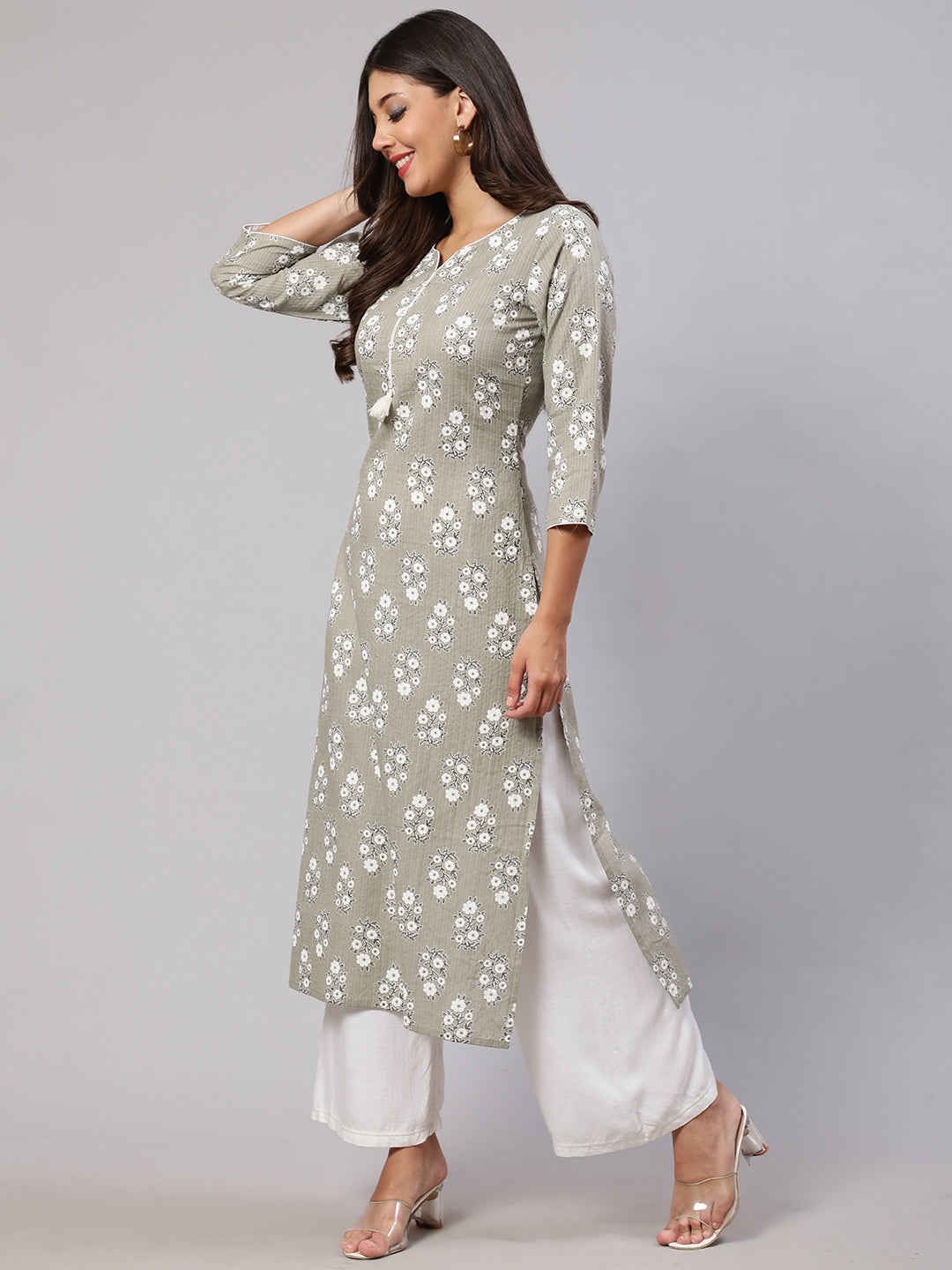 Women's Grey Ethnic Printed Straight Kurta With Three Quarter Sleeves