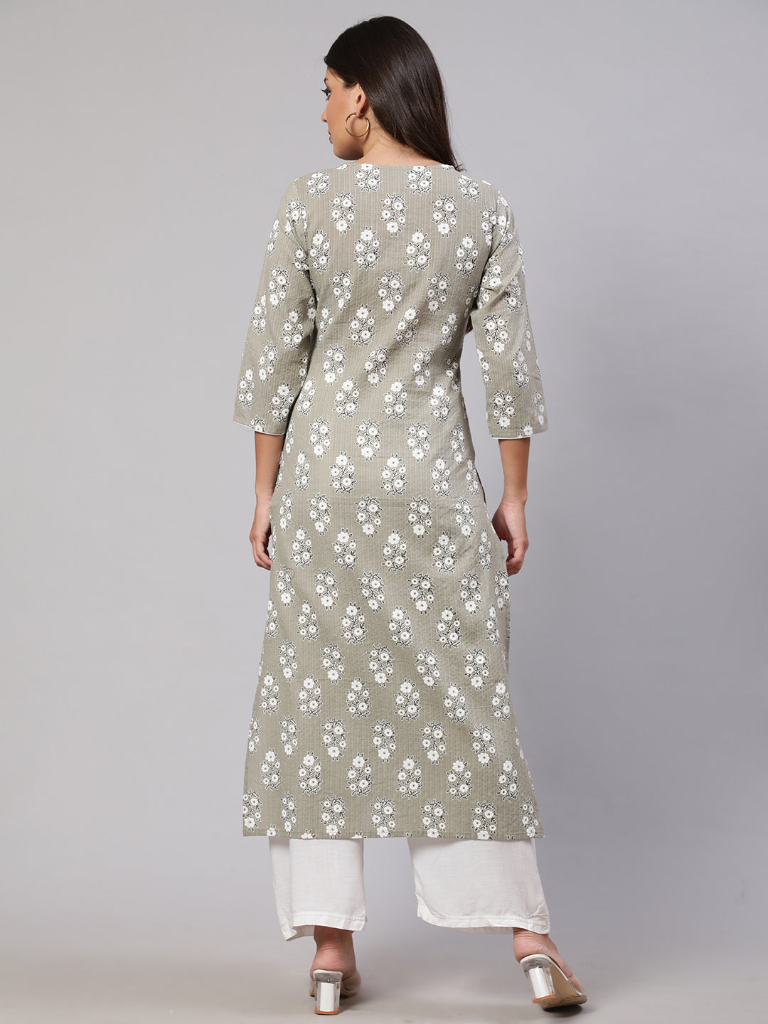 Women's Grey Ethnic Printed Straight Kurta With Three Quarter Sleeves