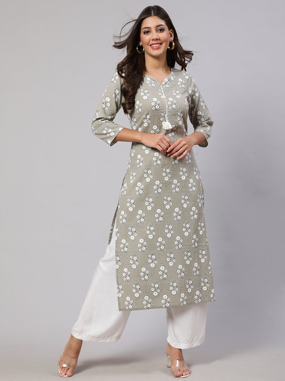 Women's Grey Ethnic Printed Straight Kurta With Three Quarter Sleeves