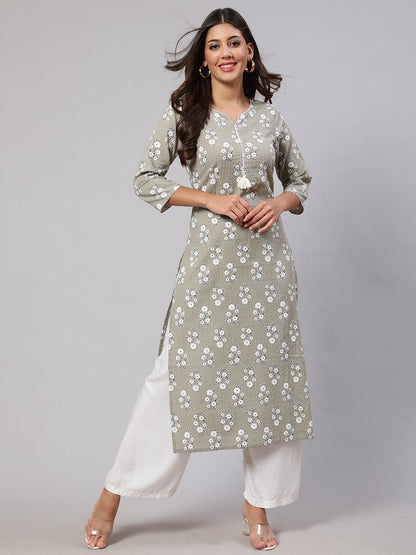 Women's Grey Ethnic Printed Straight Kurta With Three Quarter Sleeves