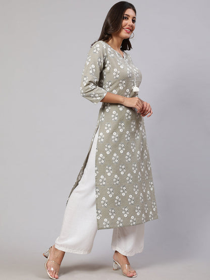 Women's Grey Ethnic Printed Straight Kurta With Three Quarter Sleeves