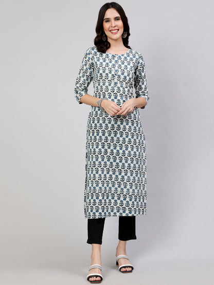 Women's Off-White Printed straight Kurta With three qurter sleeves