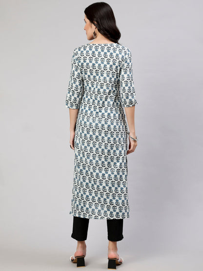Women's Off-White Printed straight Kurta With three qurter sleeves