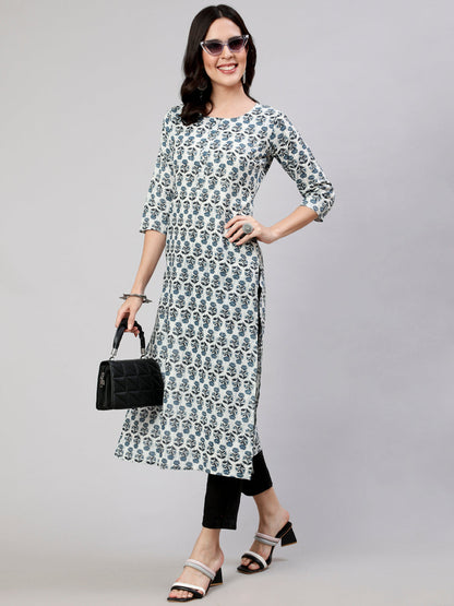 Women's Off-White Printed straight Kurta With three qurter sleeves