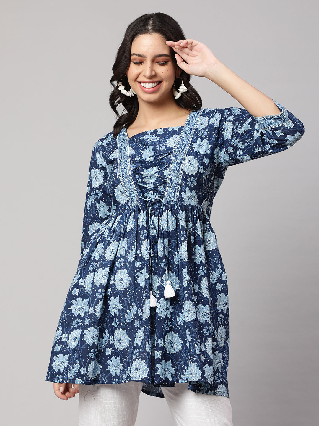 Women's Blue Printed Peplum Tunic