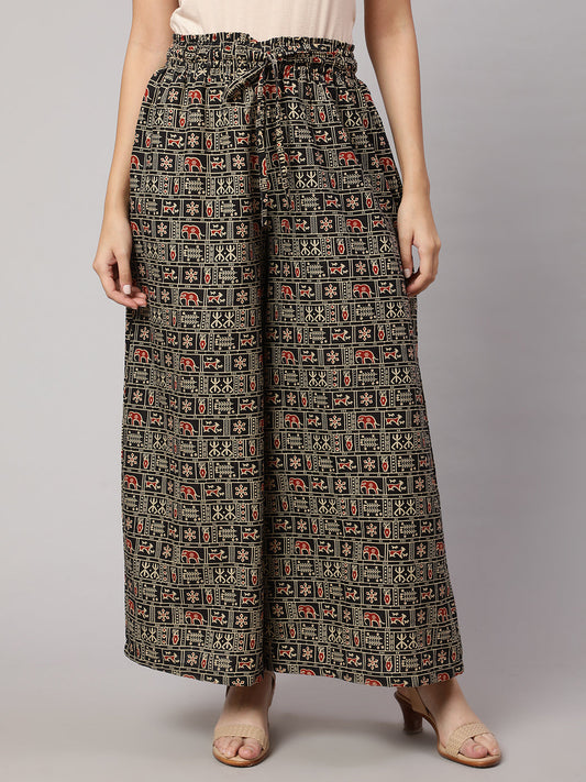Women's Black Printed Wide Legged Printed Plazzo With Side Pockets