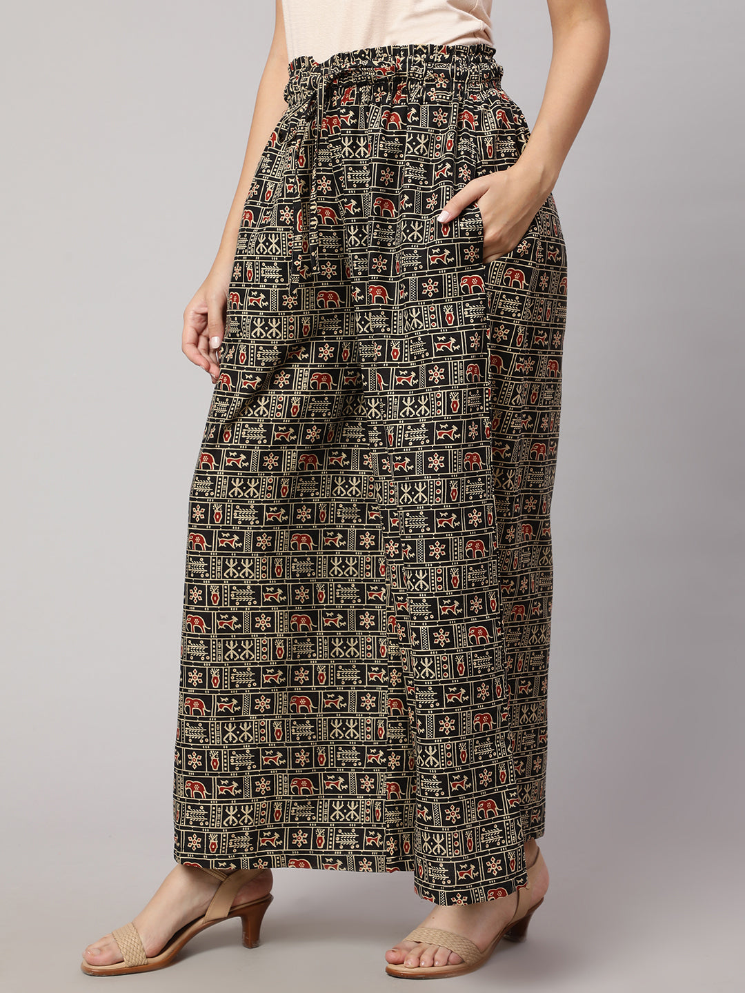 Women's Black Printed Wide Legged Printed Plazzo With Side Pockets