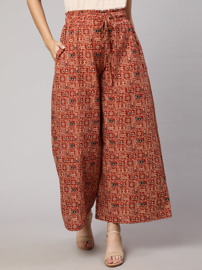 Women's Rust Printed Wide Legged Printed Plazzo With Side Pockets