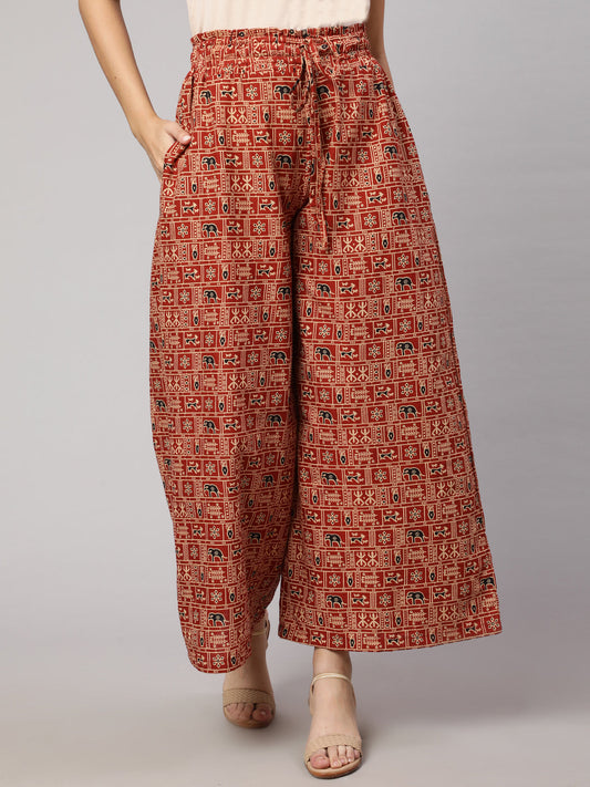 Women's Rust Printed Wide Legged Printed Plazzo With Side Pockets