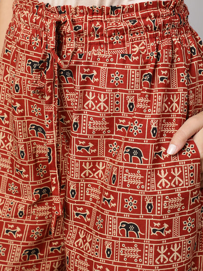 Women's Rust Printed Wide Legged Printed Plazzo With Side Pockets