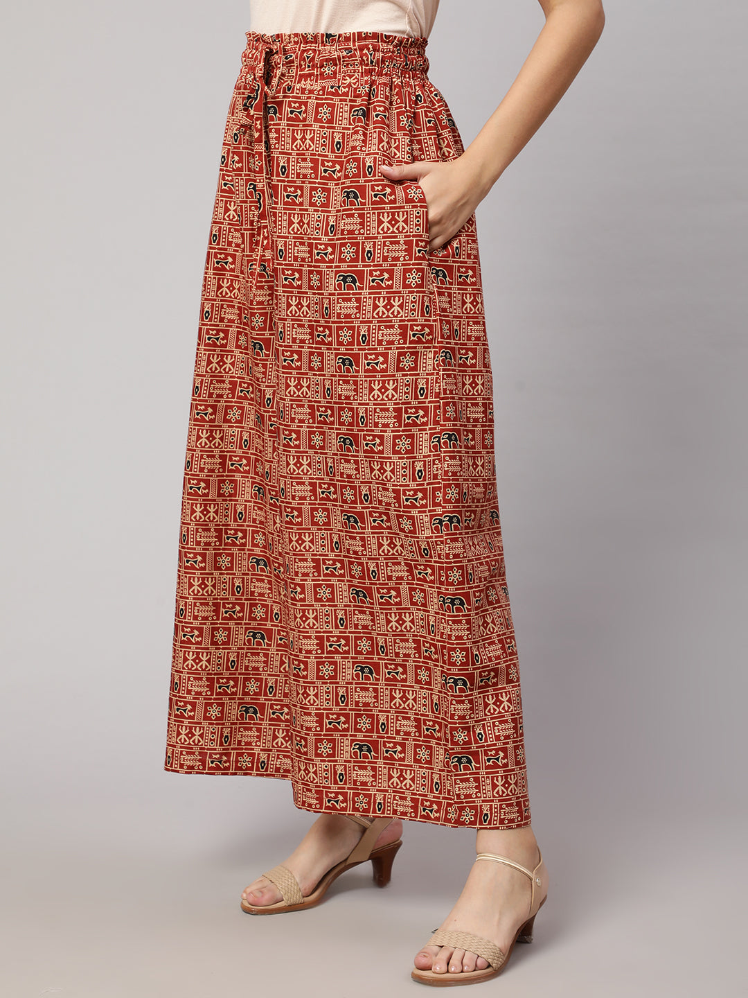 Women's Rust Printed Wide Legged Printed Plazzo With Side Pockets