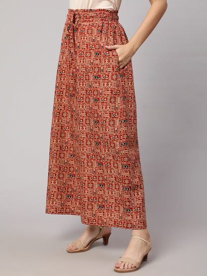 Women's Rust Printed Wide Legged Printed Plazzo With Side Pockets