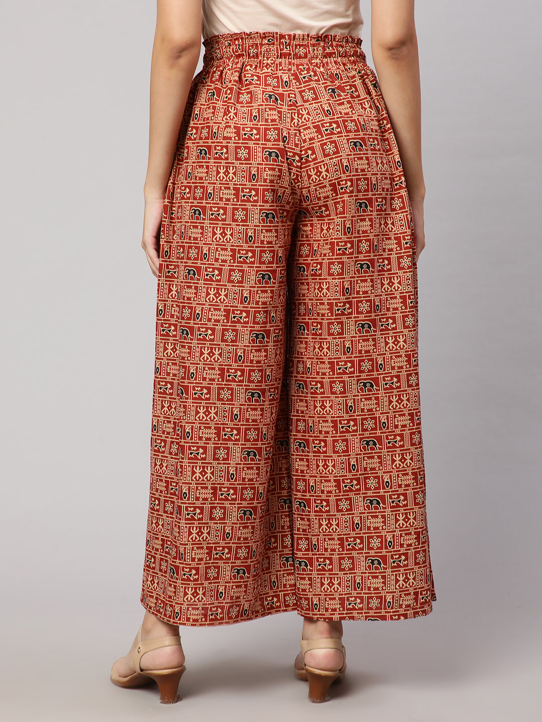 Women's Rust Printed Wide Legged Printed Plazzo With Side Pockets