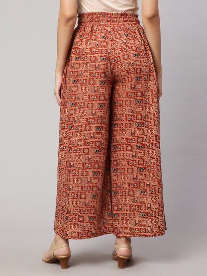 Women's Rust Printed Wide Legged Printed Plazzo With Side Pockets