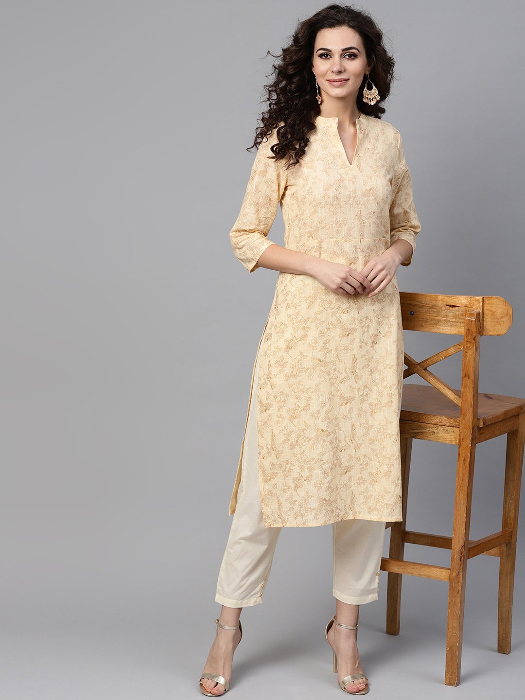 Women's Cream & Gold Floral Printed Kurta Set With Solid Cream Pants