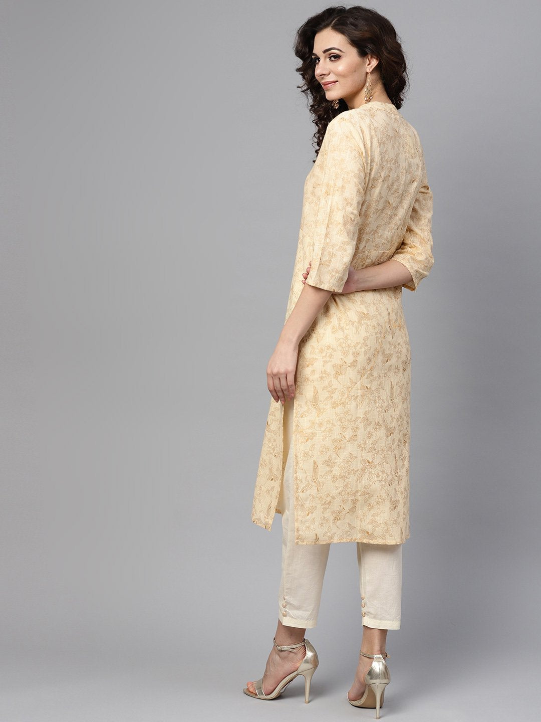 Women's Cream & Gold Floral Printed Kurta Set With Solid Cream Pants