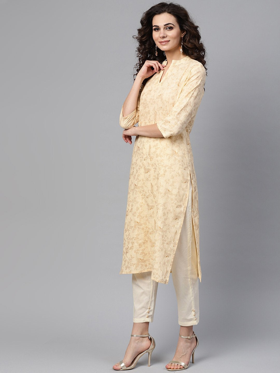 Women's Cream & Gold Floral Printed Kurta Set With Solid Cream Pants