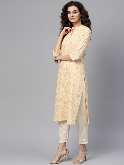 Women's Cream & Gold Floral Printed Kurta Set With Solid Cream Pants