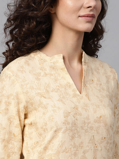 Women's Cream & Gold Floral Printed Kurta Set With Solid Cream Pants
