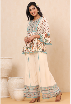 Women's Ivory Rayon Printed Peplum Top Palazzo Set